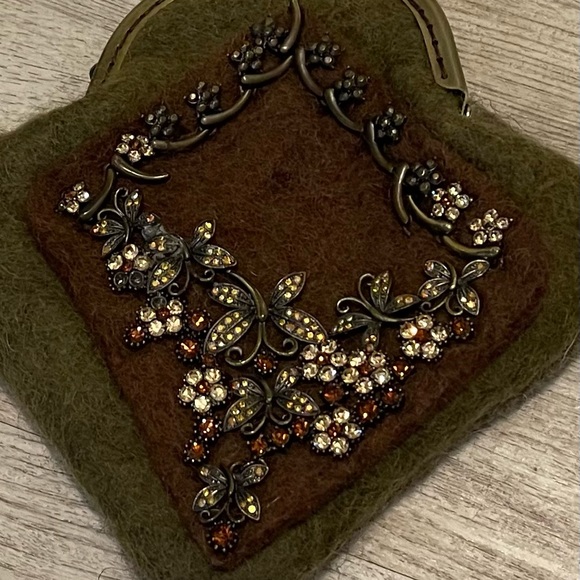 Vintage Olive Green Mohair /  Wool Coin Purse/ Evening Bag With Rhinestones NEW - Picture 3 of 5